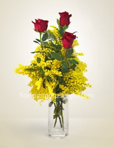 rose gambo lungo e mimosa